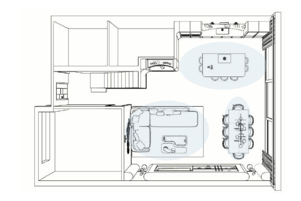 Open-plan interior layout showing cognitive mapping, clear zoning and movement flow in a calm home design