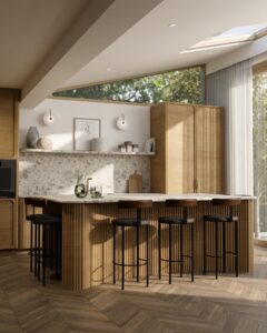 Open-plan kitchen design with fluted oak island, marble backsplash, skylight and warm natural materials.
