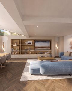 Open-plan seating area with blue sofa, bespoke wooden shelving, media wall, soft rug and warm natural light.