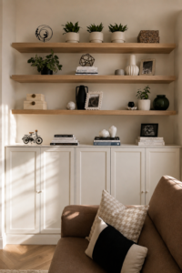 Contemporary living room featuring bespoke shelving, fireplace, brown sofa and warm neutral styling.