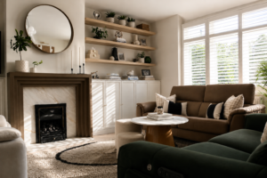 Contemporary fireplace styling with a round mirror, abstract artwork, indoor plants and warm neutral tones.