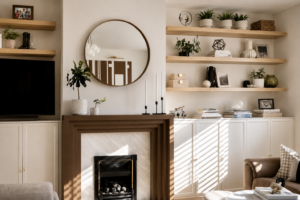 Custom built-in shelving in a calm contemporary living room with oak floating shelves, cream cabinetry and decorative styling.