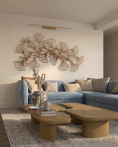 Bespoke living room shelving with warm wood finishes, curated accessories, artwork and soft natural light.
